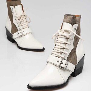 Chloe White Leather Green Knit Lace Up Rylee Ankle Boots Size 9.5/40